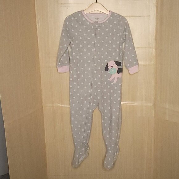 Carter's Toddler Girls Grey Polka-dot Puppy Fleece Footie Pajamas 2T - Picture 1 of 5